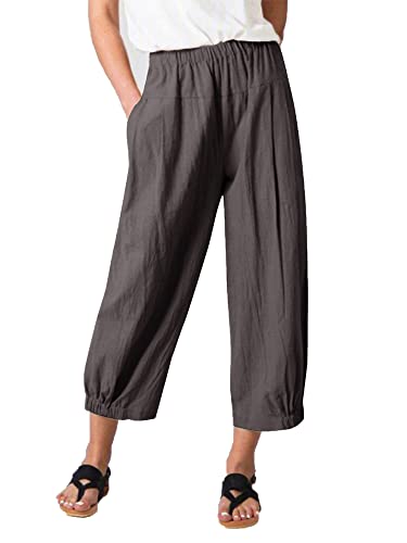 Les umes Damen Baumwolle Casual Cpri Hose Elastische Taille Lose Hose Yogahose mit Taschen Dunkelgrau S von Les umes