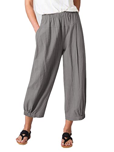 Les umes Damen Baumwolle Casual Cpri Hose Elastische Taille Lose Hose Yogahose mit Taschen Grau L von Les umes