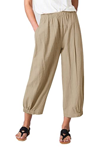 Les umes Damen Baumwolle Casual Cpri Hose Elastische Taille Lose Hose Yogahose mit Taschen Khaki 2XL von Les umes