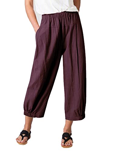 Les umes Damen Baumwolle Casual Cpri Hose Elastische Taille Lose Hose Yogahose mit Taschen Lila M von Les umes