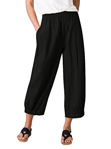 Les umes Damen Baumwolle Casual Cpri Hose Elastische Taille Lose Hose Yogahose mit Taschen Schwarz M von Les umes