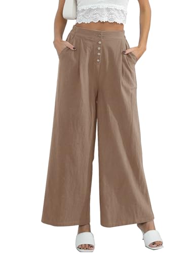 Les umes Damen Baumwolle Leinen Lange Hosen Einfarbige geknöpfte Hosen mit hoher Taille Weite Lässige Hosen für Frauen Dunkles Khaki XL von Les umes