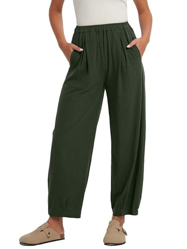 Les umes Damen Cropped Hose Weit Bein Hose elastischer Waist elegant Freizeithose mit Taschen Sommerhose Loose Fit Grün L von Les umes