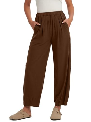 Les umes Damen Cropped Hose Weit Bein Hose elastischer Waist elegant Freizeithose mit Taschen Sommerhose Loose Fit Karamell S von Les umes