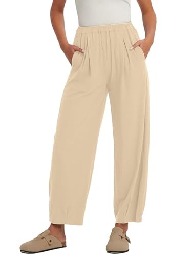 Les umes Damen Cropped Hose Weit Bein Hose elastischer Waist elegant Freizeithose mit Taschen Sommerhose Loose Fit Khaki L von Les umes