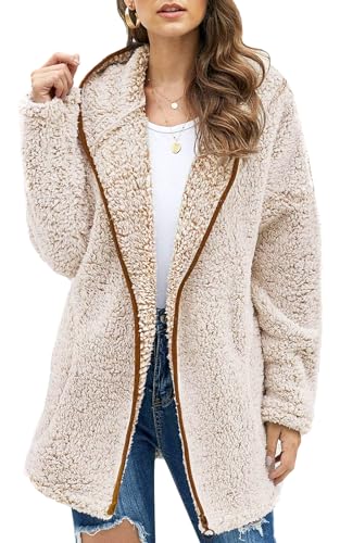 Les umes Damen-Fleece-Kapuzenmantel mit Reißverschluss, weicher Kapuzen-Cardigan, flauschiger Winterjackenmantel mit Tasche Hellbraun L von Les umes