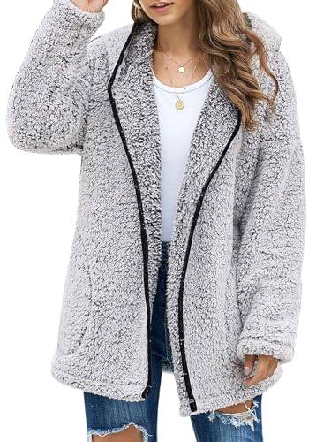 Les umes Damen-Fleece-Kapuzenmantel mit Reißverschluss, weicher Kapuzen-Cardigan, flauschiger Winterjackenmantel mit Tasche Grau Schwarz M von Les umes