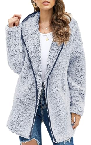 Les umes Damen-Fleece-Kapuzenmantel mit Reißverschluss, weicher Kapuzen-Cardigan, flauschiger Winterjackenmantel mit Tasche Marineblau XXL von Les umes