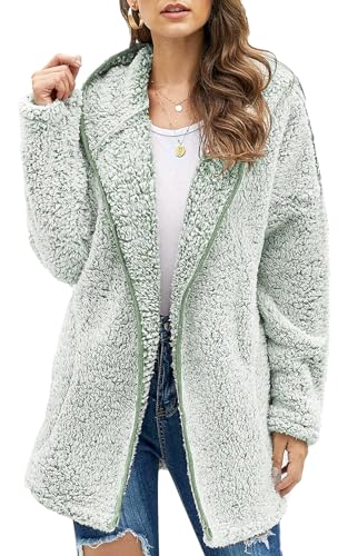 Les umes Damen-Fleece-Kapuzenmantel mit Reißverschluss, weicher Kapuzen-Cardigan, flauschiger Winterjackenmantel mit Tasche Militärgrün L von Les umes