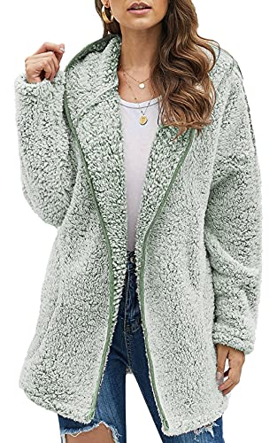 Les umes Damen-Fleece-Kapuzenmantel mit Reißverschluss, weicher Kapuzen-Cardigan, flauschiger Winterjackenmantel mit Tasche Militärgrün XXL von Les umes