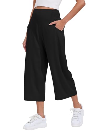 Les umes Damen Haremhose Weite Bein Hose Sommer Elastische Taille Palazzo Hose Lockere Freizeithose mit Taschen Sommerhose elegant Schwarz XL von Les umes