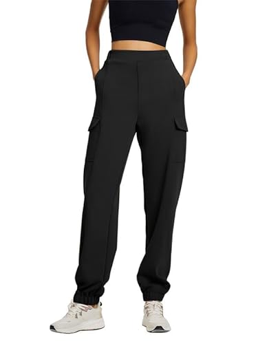 Les umes Damen Hose High Waist Cargohose Jogginghose mit Tasche Sweatpants Freizeithose Schwarz XL von Les umes