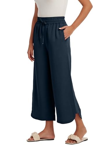 Les umes Damen Hose elegant lang Palazzo Hose Damen Loker Elastische High Waist Hose weit Hose mit Schlitz Sommer Hose elegant Dunkelblau 2XL von Les umes