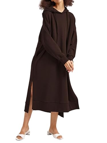 Les umes Damen Langarm Pullover Maxi Hoodie Kleid Split Side Slim Sweatkleid Langes Kleid mit Taschen Braun L von Les umes