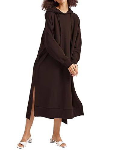 Les umes Damen Langarm Pullover Maxi Hoodie Kleid Split Side Slim Sweatkleid Langes Kleid mit Taschen Braun M von Les umes