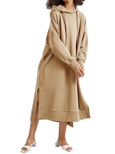 Les umes Damen Langarm Pullover Maxi Hoodie Kleid Split Side Slim Sweatkleid Langes Kleid mit Taschen Khaki XXL von Les umes