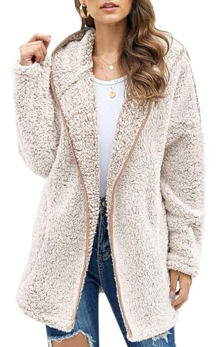 Les umes Damen-Fleece-Kapuzenmantel mit Reißverschluss, weicher Kapuzen-Cardigan, Flauschiger Winterjackenmantel mit Tasche Khaki XL von Les umes