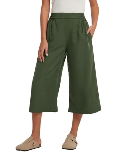 Les umes Damen Palazzo Hose Weite Hose Sommer Hohe Taille Culotte Hose Locker Sommerhose mit Tasche Freizeithose Damen elegant Armeegrün M von Les umes