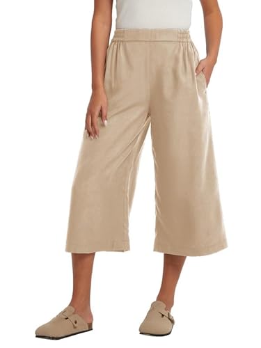 Les umes Damen Palazzo Hose Weite Hose Sommer Hohe Taille Culotte Hose Locker Sommerhose mit Tasche Freizeithose Damen elegant Khaki L von Les umes