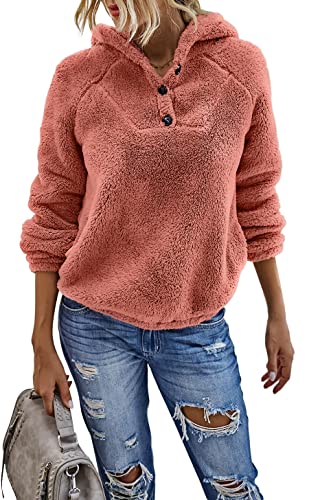 Les umes Damen Pullover Fuzzy Fleece Button Sweatshirt Warme Mäntel Lose Hoodies mit Tasche Hellrosa S von Les umes