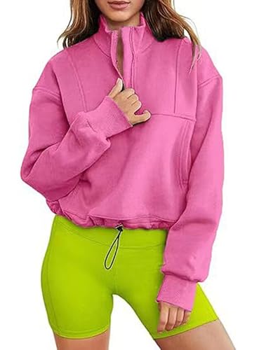 Les umes Damen Pullover mit halbem Reißverschluss Langarm Sweatshirt Stehkragen Pullover Oberbekleidung Tops mit Kordelzug Rosa S von Les umes