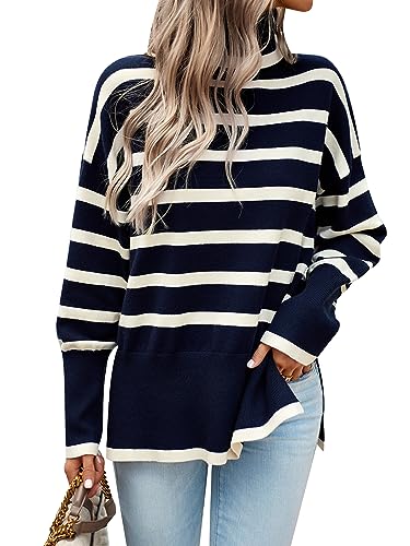 Les umes Damen Rollkragenpullover Gestreifter Langärmeliger Strickpullover Stricktop Marineblau L von Les umes