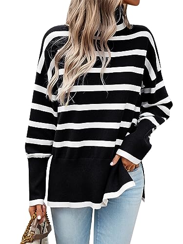 Les umes Damen Rollkragenpullover Gestreifter Langärmeliger Strickpullover Stricktop Schwarz S von Les umes