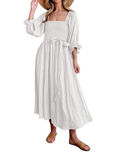 Les umes Damen Sommerkleid mit halben Rüschen und Ärmeln und Gürtel für Damen, lässig, vielseitig einsetzbar, Maxi-Kleider, Weiss/opulenter Garten, Klein von Les umes