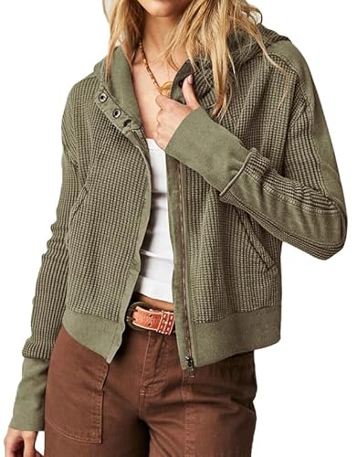 Les umes Damen Zip Up Cropped Hoodies Waffelstrick Casual Kapuzenjacken Langarm Armeegrün S von Les umes