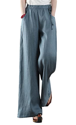 Les umes Damenhosen mit weitem Bein, Sommerhosen für Damen, Bequeme Yogahosen aus Baumwolle und Leinen, Pilateshosen Blau S von Les umes