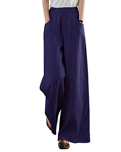 Les umes Damenhosen mit weitem Bein, Sommerhosen für Damen, Bequeme Yogahosen aus Baumwolle und Leinen, Pilateshosen Grau Blau L von Les umes