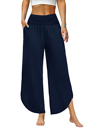 Les umes Elastische Yogahosen für Damen Jogginghose Damen weites Bein Freizeithose Elastische Taille Sommerhose für Damen mit Tasche Hose Yoga Hose Blau L von Les umes