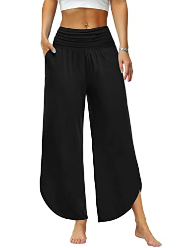 Les umes Elastische Yogahosen für Damen Jogginghose Damen weites Bein Freizeithose Elastische Taille Sommerhose für Damen mit Tasche Hose Yoga Hose Schwarz L von Les umes