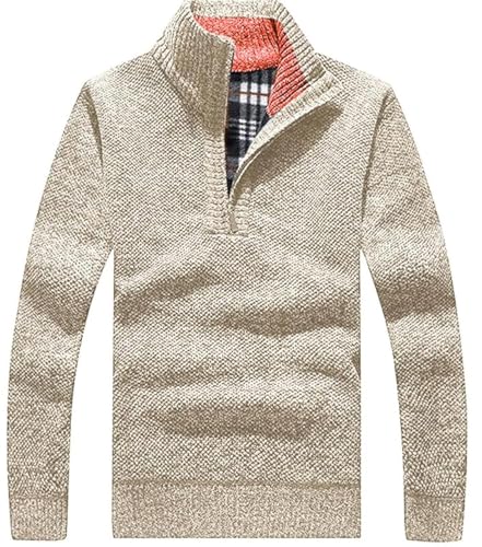 Les umes Herren Pullover mit halbem Reißverschluss Rollkragenpullover aus Strick Warmer langärmeliger Stehkragenpullover Khaki L von Les umes