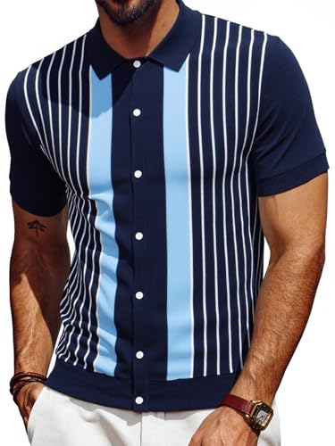 Les umes Herren Strick Polohemd Kurzarm Polo Shirts mit Knopfleiste Gestreiftes Sommer Beach Casual Hemd Dunkelblau Stripe L von Les umes