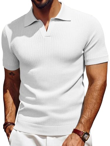 Les umes Herren V-Ausschnitt Polo-Shirt gestrickt Arbeitskleidung gerippt Saum & Manschetten Weiß 2XL von Les umes