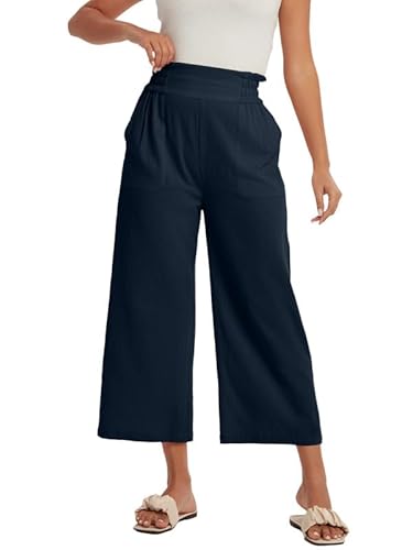 Les umes Women's Summer Cotton Trousers lässige Hose mit weitem Bein Damen Palazzo Elasted Hose mit Taschen Dunkelblau M von Les umes