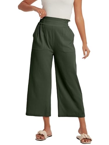 Les umes Women's Summer Cotton Trousers lässige Hose mit weitem Bein Damen Palazzo Elasted Hose mit Taschen Grün XL von Les umes