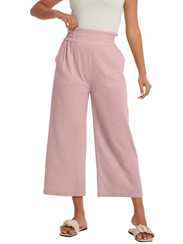 Les umes Women's Summer Cotton Trousers lässige Hose mit weitem Bein Damen Palazzo Elasted Hose mit Taschen Rosa M von Les umes