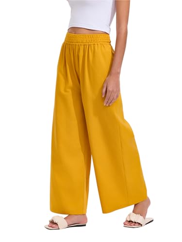 Les umes Hose Damen Palazzo Hose Weite Bein Hose mit Elastischer Taille Lockere Gerade Sommerhose Mit Taschen Freizeitshosen Culotte Hose locker Gelb L von Les umes