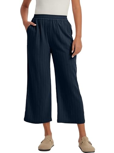 Les umes Hose Damen elegant Weite Hose Damen mit Taschen Capri Hose Locker Sommer Freizeithose Damen bequem Große Größen Dunkelblau M von Les umes