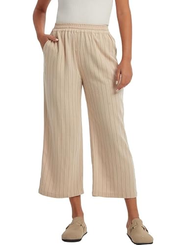 Les umes Hosen Damen elegant Weite Hose Damen mit Taschen Sommer Capri Hose gestreifte Leinenhose Damen bequem Große Größen Khaki L von Les umes