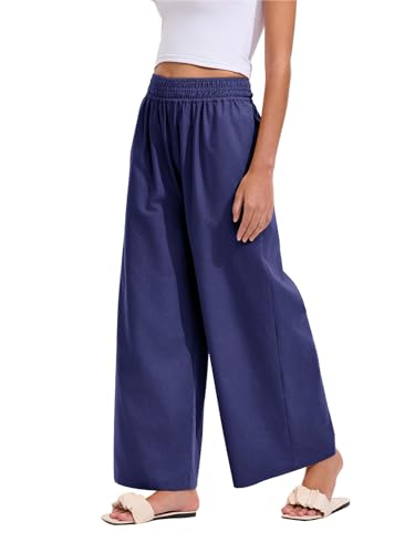 Les umes Hosen Damen Palazzo Hose Weite Bein Hose mit Elastischer Taille Lockere Sommerhose Mit Taschen Freizeitshosen Culotte Hose Dunkelblau S von Les umes