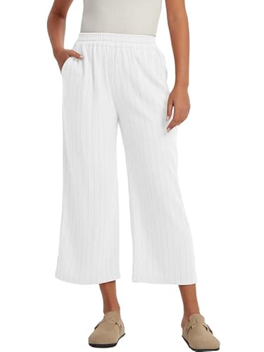Les umes Hosen Damen elegant Weite Hose Damen mit Taschen Sommer Capri Hose gestreifte Leinenhose Damen bequem Große Größen Weiß XL von Les umes