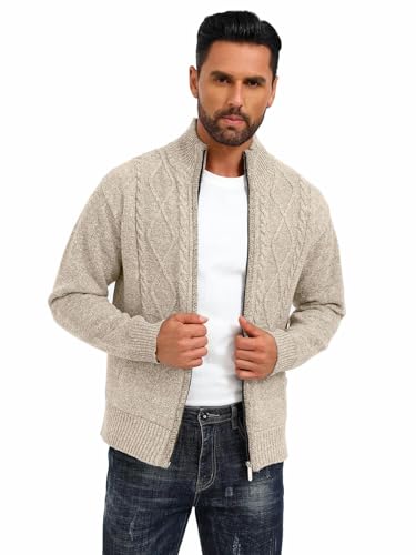 Les umes Jacke Herren Strickjacke Stehkragen Herbst Winter Fleecejacke mit Reissverschluss Regular Fit Strick Cardigan Beige XXXL von Les umes