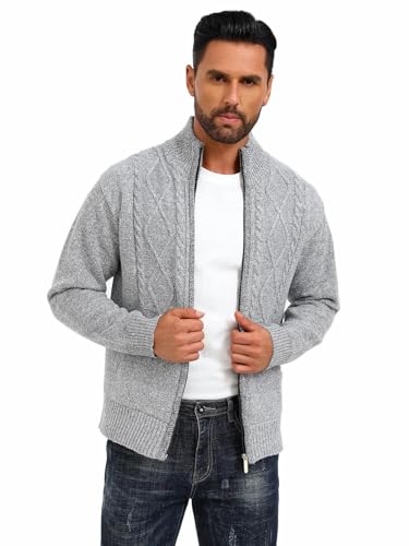 Les umes Jacke Herren Strickjacke Stehkragen Herbst Winter Fleecejacke mit Reissverschluss Regular Fit Strick Cardigan Hellgrau XL von Les umes