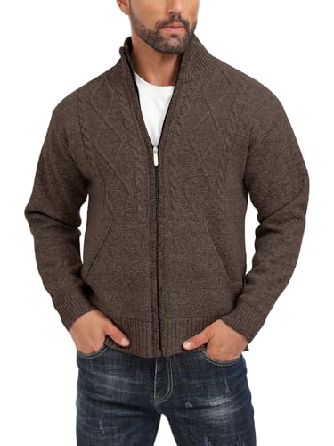 Les umes Jacke Herren Strickjacke Stehkragen Herbst Winter Fleecejacke mit Reissverschluss Regular Fit Strick Cardigan Kaffee L von Les umes