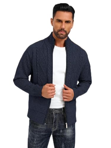 Les umes Jacke Herren Strickjacke Stehkragen Herbst Winter Fleecejacke mit Reissverschluss Regular Fit Strick Cardigan Marineblau L von Les umes