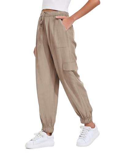 Les umes Leichte Jogginghose Damen Elastische Taille Cargohose Mit Taschen bequem Sporthose High Waist Sommerhose Damen Wandernhose Outdoor Khaki XXL von Les umes