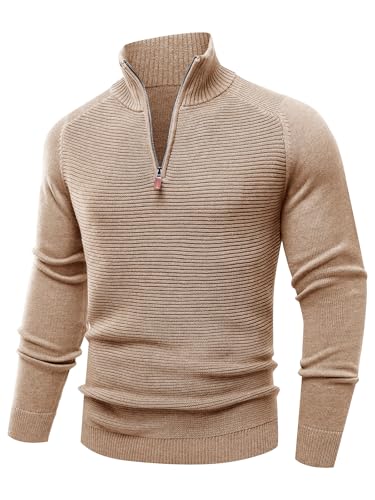 Les umes Pullover Herren mit halbem Reißverschluss Langarm Strickpullover Herbst Winter Knit Sweater warm Rollkragenpulli Aprikose XXL von Les umes